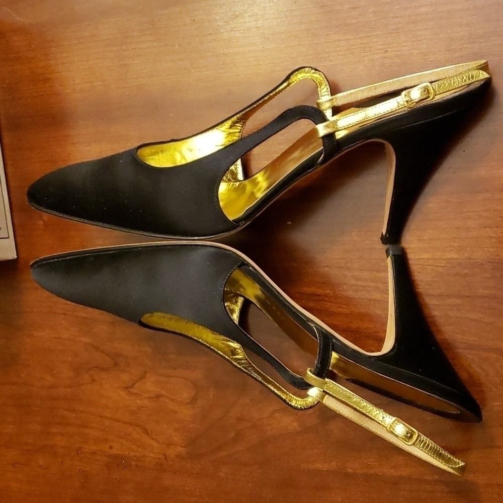 Silvia Florentina Silvia 8N Black & Gold Leather & Satin Sling Back EUC inBx